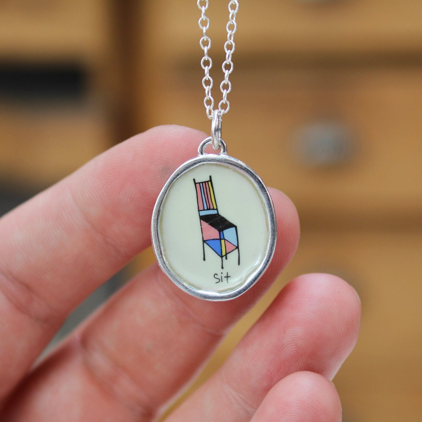 Sculptural Chair Illustration Sterling Silver and Enamel Pendant - "Sit" - Reminder to Relax