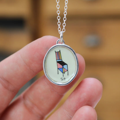 Sculptural Chair Illustration Sterling Silver and Enamel Pendant - "Sit" - Reminder to Relax