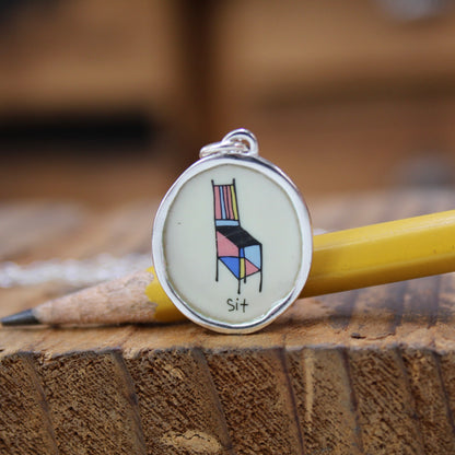 Sculptural Chair Illustration Sterling Silver and Enamel Pendant - "Sit" - Reminder to Relax