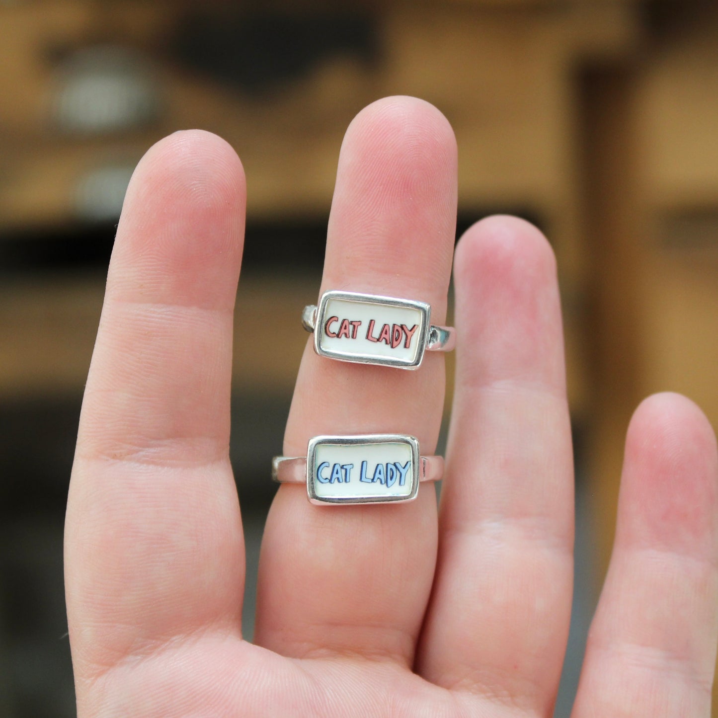 Cat Lady Ring - Blue or Pink Font Sterling Silver and Enamel Script Ring for Crazy Cat Ladies!
