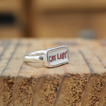 Cat Lady Ring - Blue or Pink Font Sterling Silver and Enamel Script Ring for Crazy Cat Ladies!