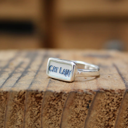 Cat Lady Ring - Blue or Pink Font Sterling Silver and Enamel Script Ring for Crazy Cat Ladies!
