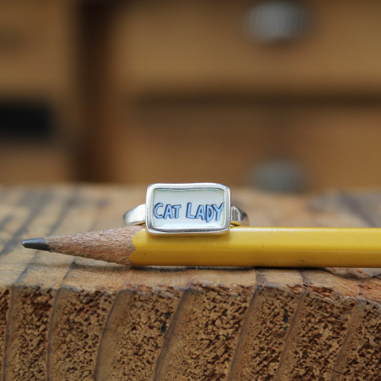 Cat Lady Ring - Blue or Pink Font Sterling Silver and Enamel Script Ring for Crazy Cat Ladies!