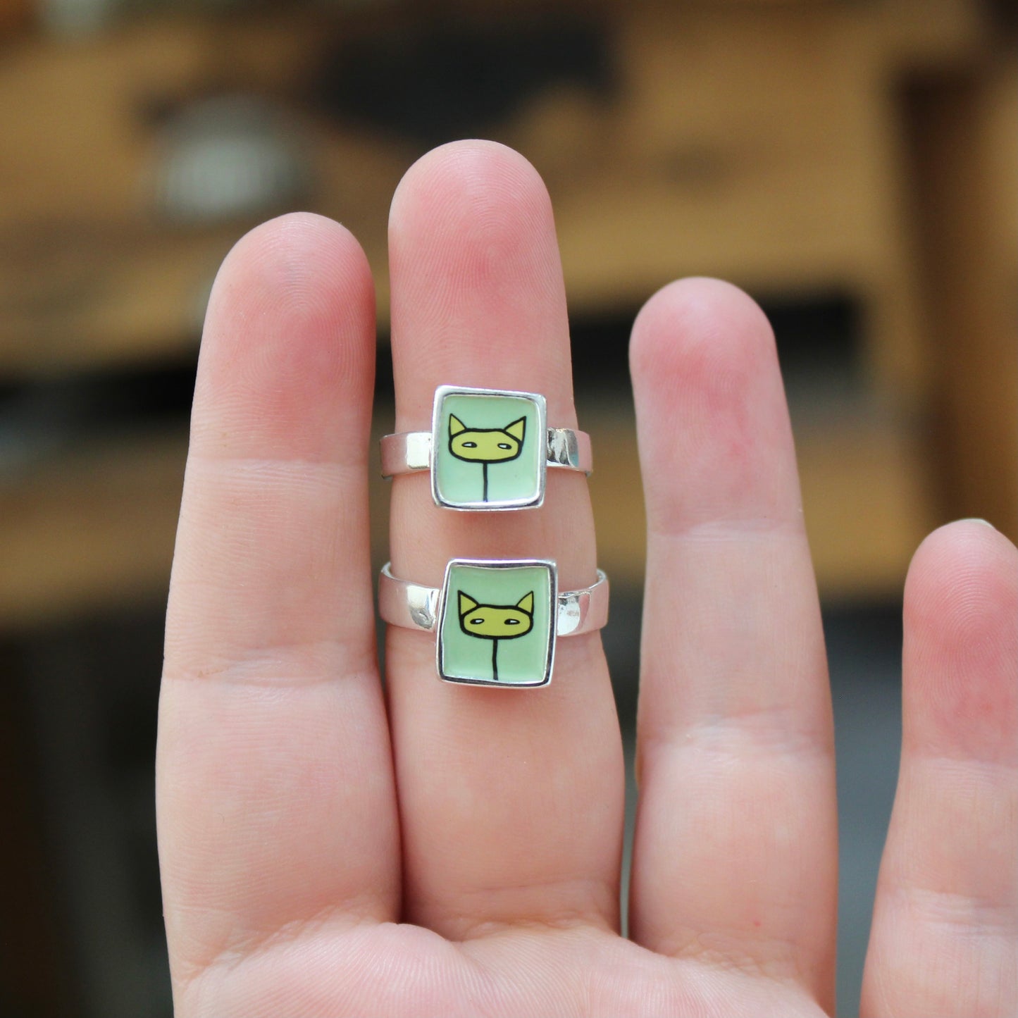 Yellow and Green Shifty Cat Sterling Silver and Enamel Ring