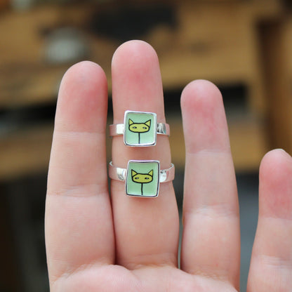 Yellow and Green Shifty Cat Sterling Silver and Enamel Ring