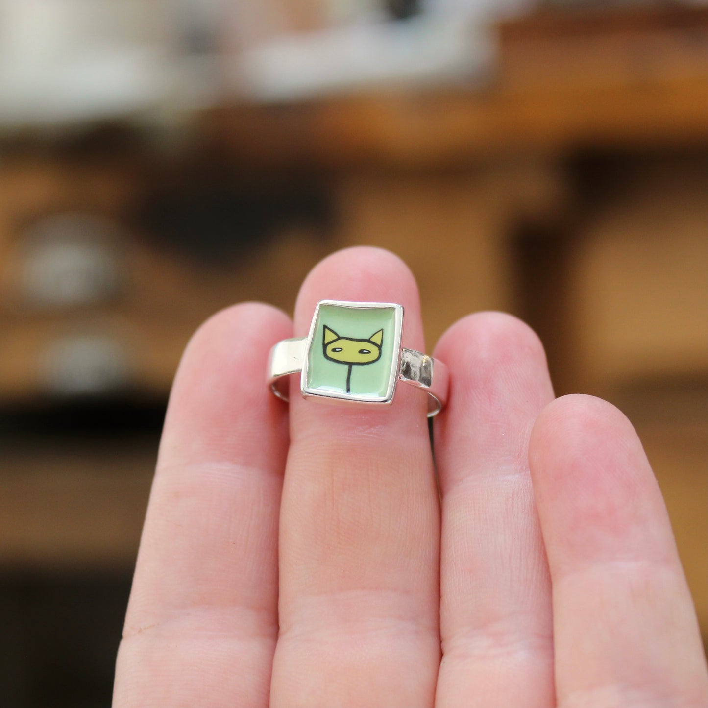 Yellow and Green Shifty Cat Sterling Silver and Enamel Ring