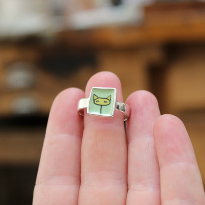 Yellow and Green Shifty Cat Sterling Silver and Enamel Ring
