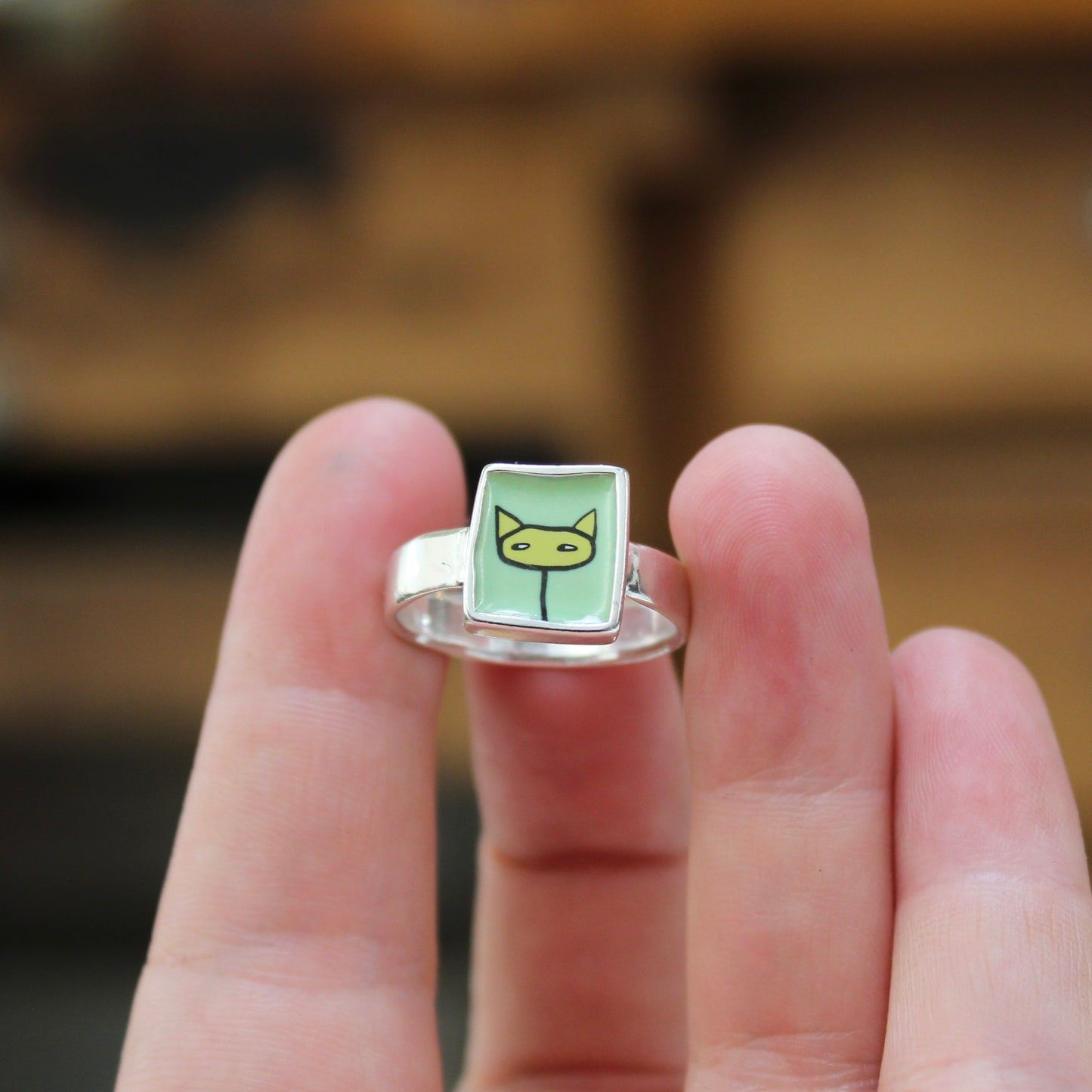 Yellow and Green Shifty Cat Sterling Silver and Enamel Ring
