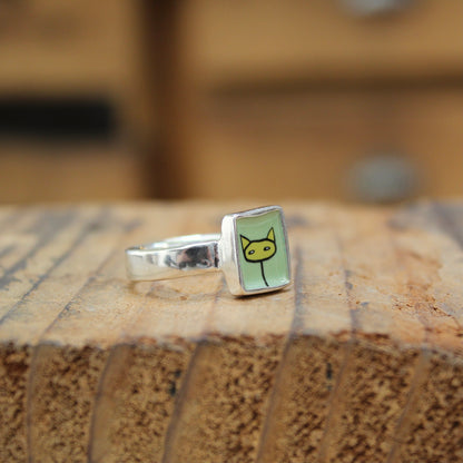 Yellow and Green Shifty Cat Sterling Silver and Enamel Ring
