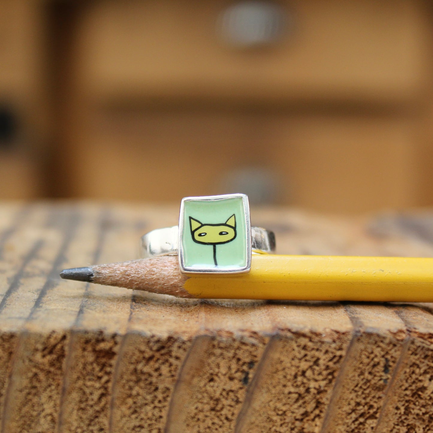 Yellow and Green Shifty Cat Sterling Silver and Enamel Ring