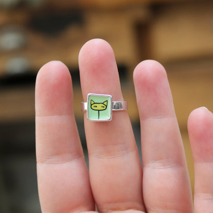 Yellow and Green Shifty Cat Sterling Silver and Enamel Ring