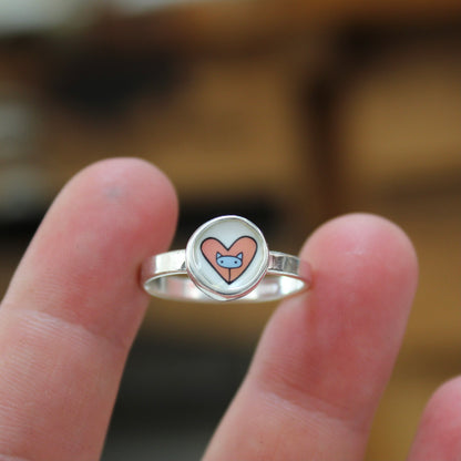 Tiny Little Cat in a Heart Ring - Sterling Silver and Enamel Pink and Blue Stick Kitty Stacker Ring