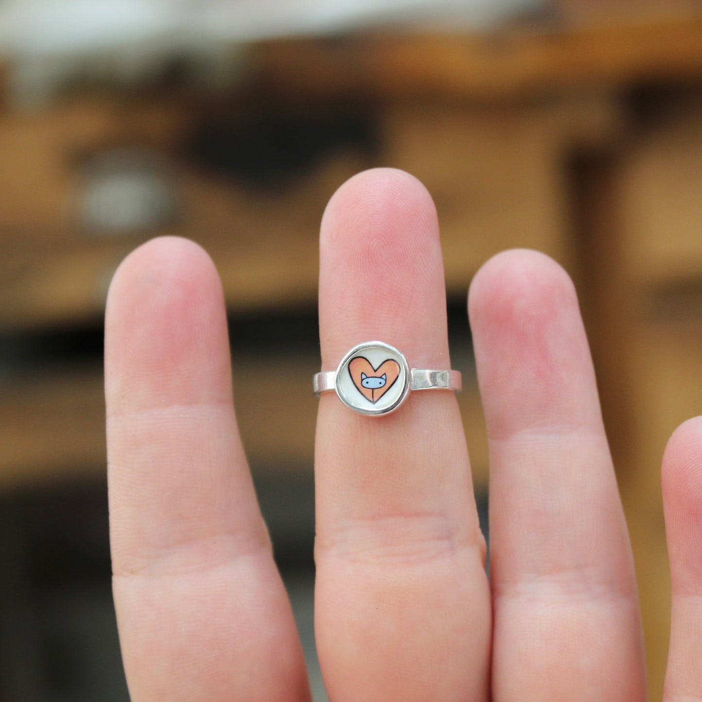 Tiny Little Cat in a Heart Ring - Sterling Silver and Enamel Pink and Blue Stick Kitty Stacker Ring