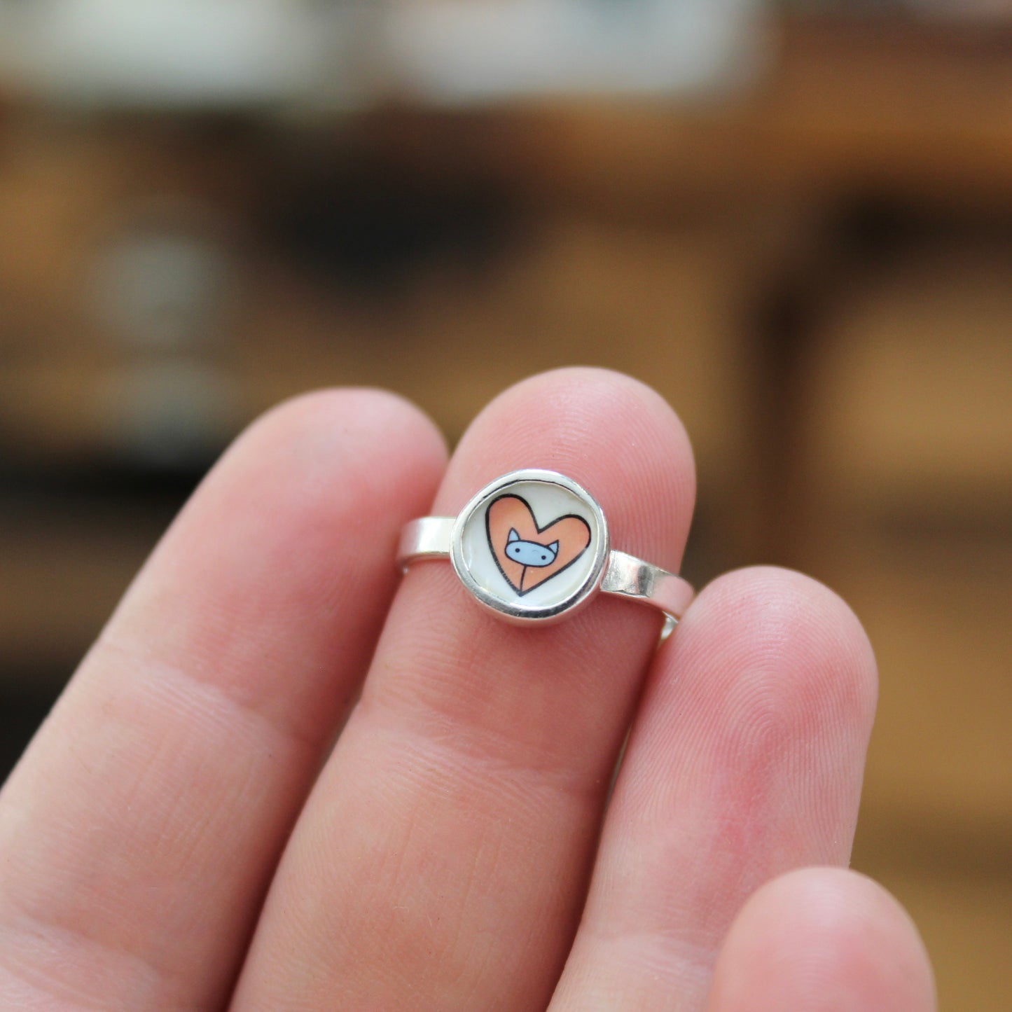 Tiny Little Cat in a Heart Ring - Sterling Silver and Enamel Pink and Blue Stick Kitty Stacker Ring