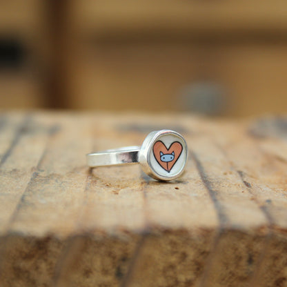 Tiny Little Cat in a Heart Ring - Sterling Silver and Enamel Pink and Blue Stick Kitty Stacker Ring