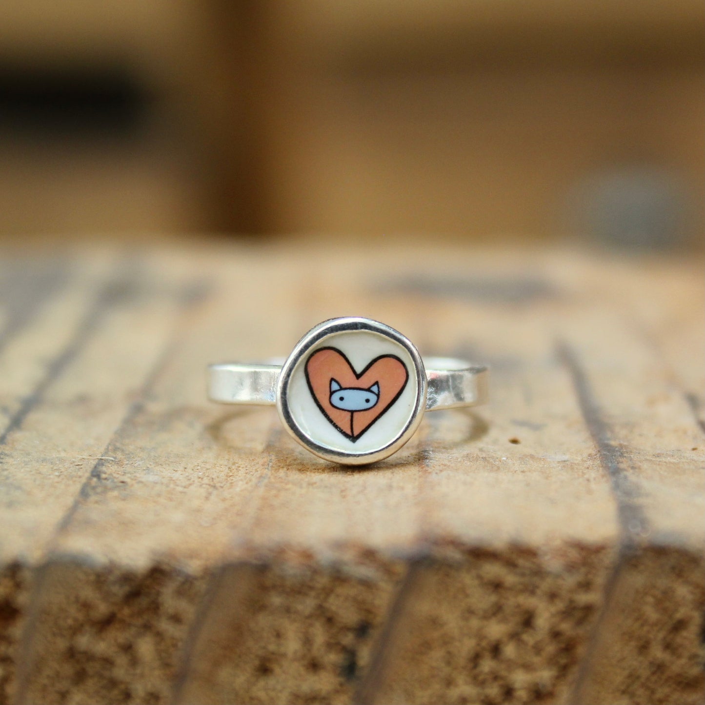 Tiny Little Cat in a Heart Ring - Sterling Silver and Enamel Pink and Blue Stick Kitty Stacker Ring