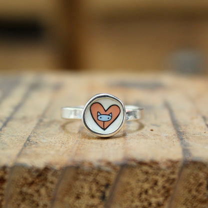 Tiny Little Cat in a Heart Ring - Sterling Silver and Enamel Pink and Blue Stick Kitty Stacker Ring