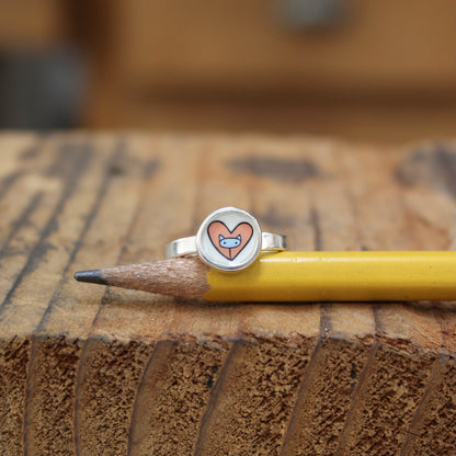 Tiny Little Cat in a Heart Ring - Sterling Silver and Enamel Pink and Blue Stick Kitty Stacker Ring