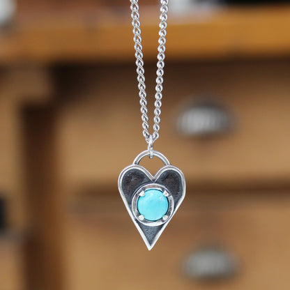 Sterling Silver Heart Necklace: Blue 8mm Turquoise on 24 Inch Stainless Curb Chain