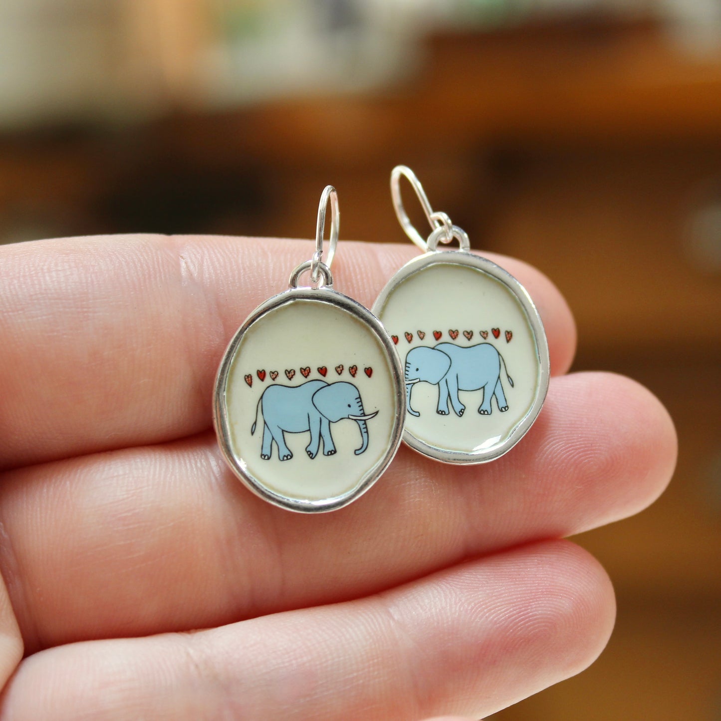 Sterling Silver and Enamel Elephant Love Earrings