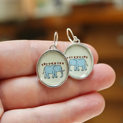Sterling Silver and Enamel Elephant Love Earrings