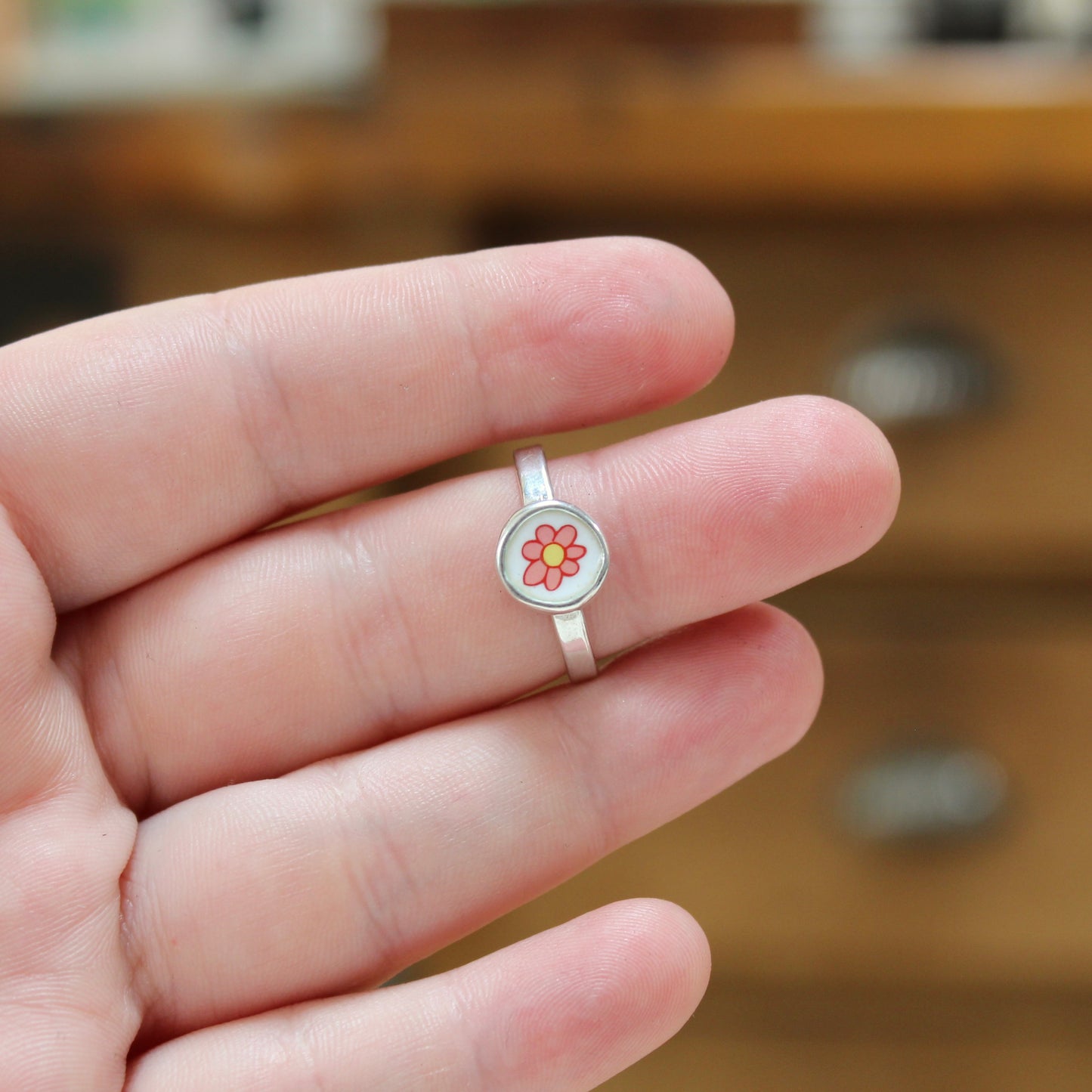 Tiny Pink Flower Stacker Ring - Sterling Silver and Enamel Dainty Daisy Ring