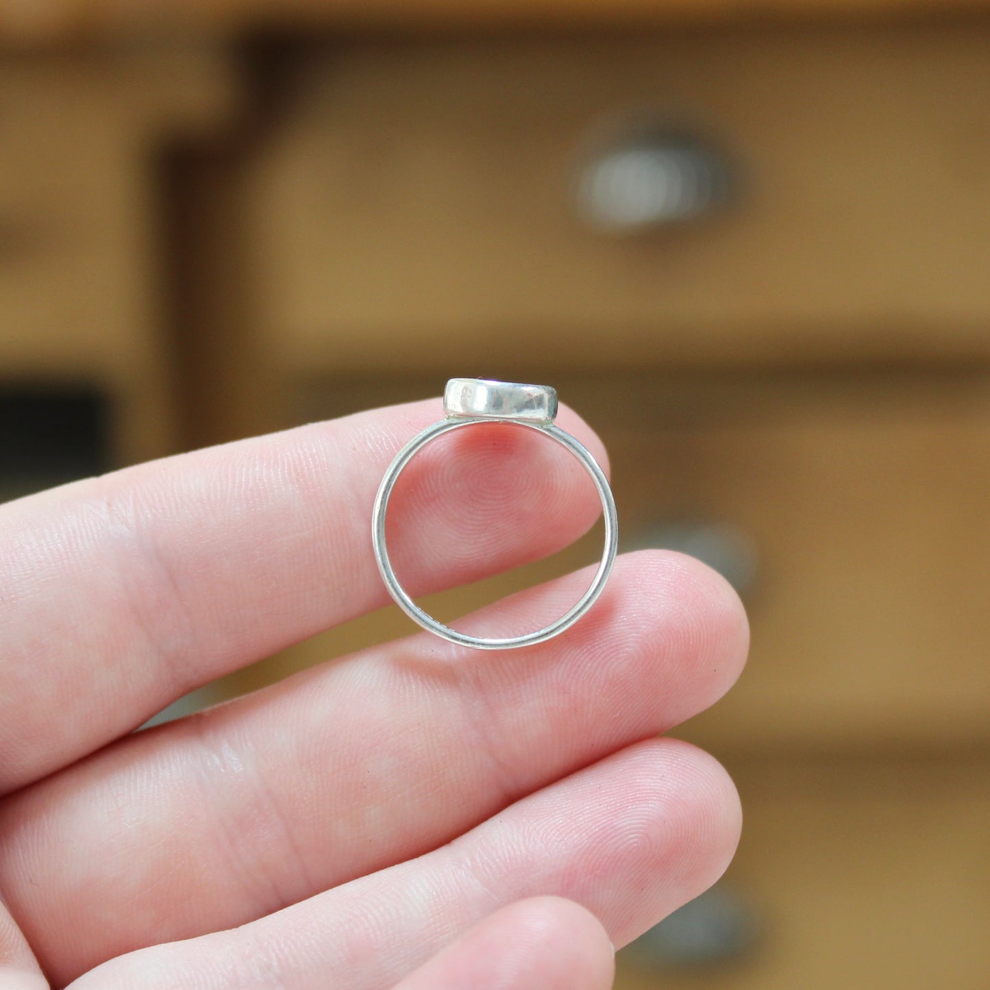 Tiny Little Cat in a Heart Ring - Sterling Silver and Enamel Pink and Blue Stick Kitty Stacker Ring