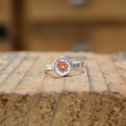 Tiny Pink Flower Stacker Ring - Sterling Silver and Enamel Dainty Daisy Ring
