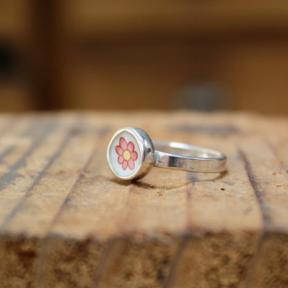 Tiny Pink Flower Stacker Ring - Sterling Silver and Enamel Dainty Daisy Ring