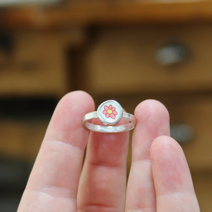 Tiny Pink Flower Stacker Ring - Sterling Silver and Enamel Dainty Daisy Ring