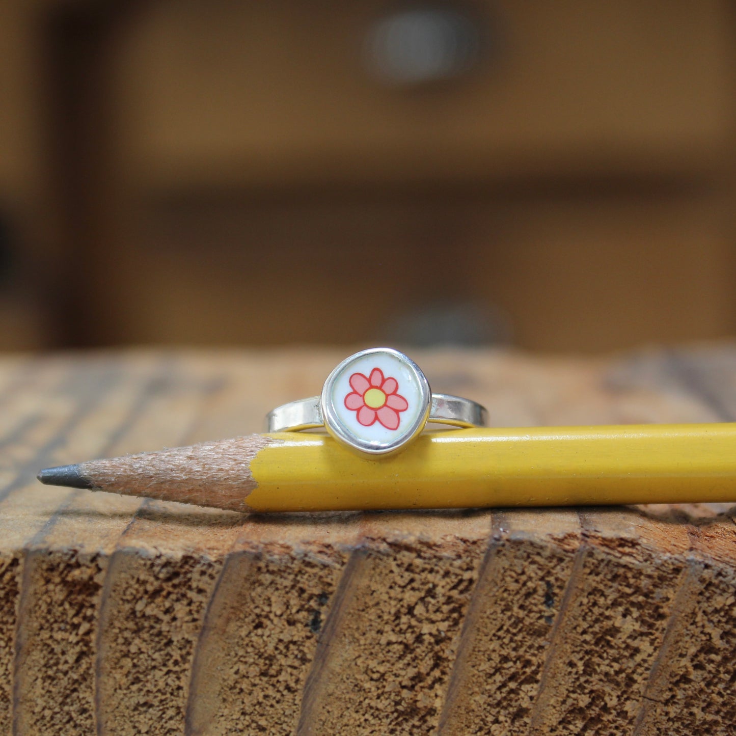 Tiny Pink Flower Stacker Ring - Sterling Silver and Enamel Dainty Daisy Ring