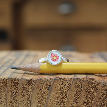 Tiny Pink Flower Stacker Ring - Sterling Silver and Enamel Dainty Daisy Ring