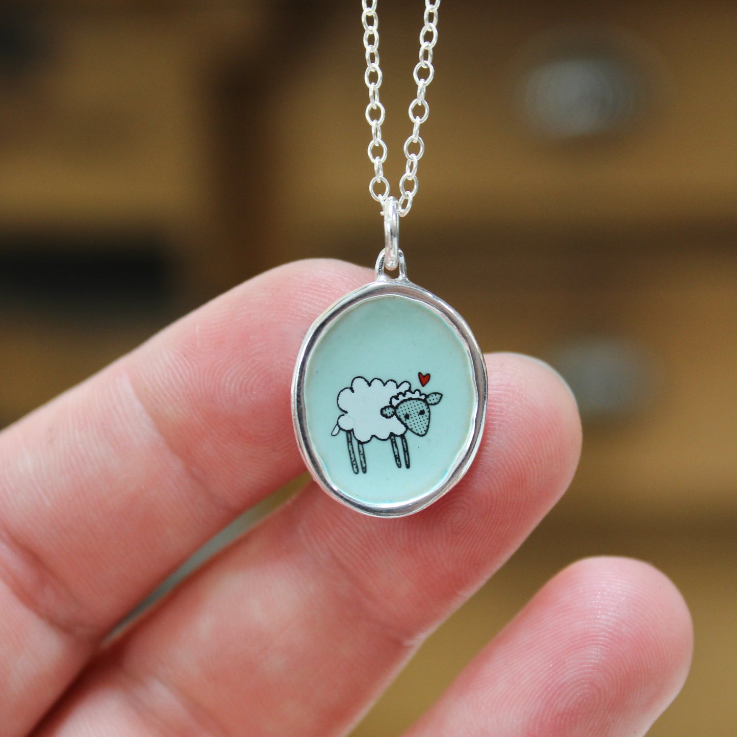 Little Sheep on Robin's Egg Blue Enamel and Sterling Silver Necklace
