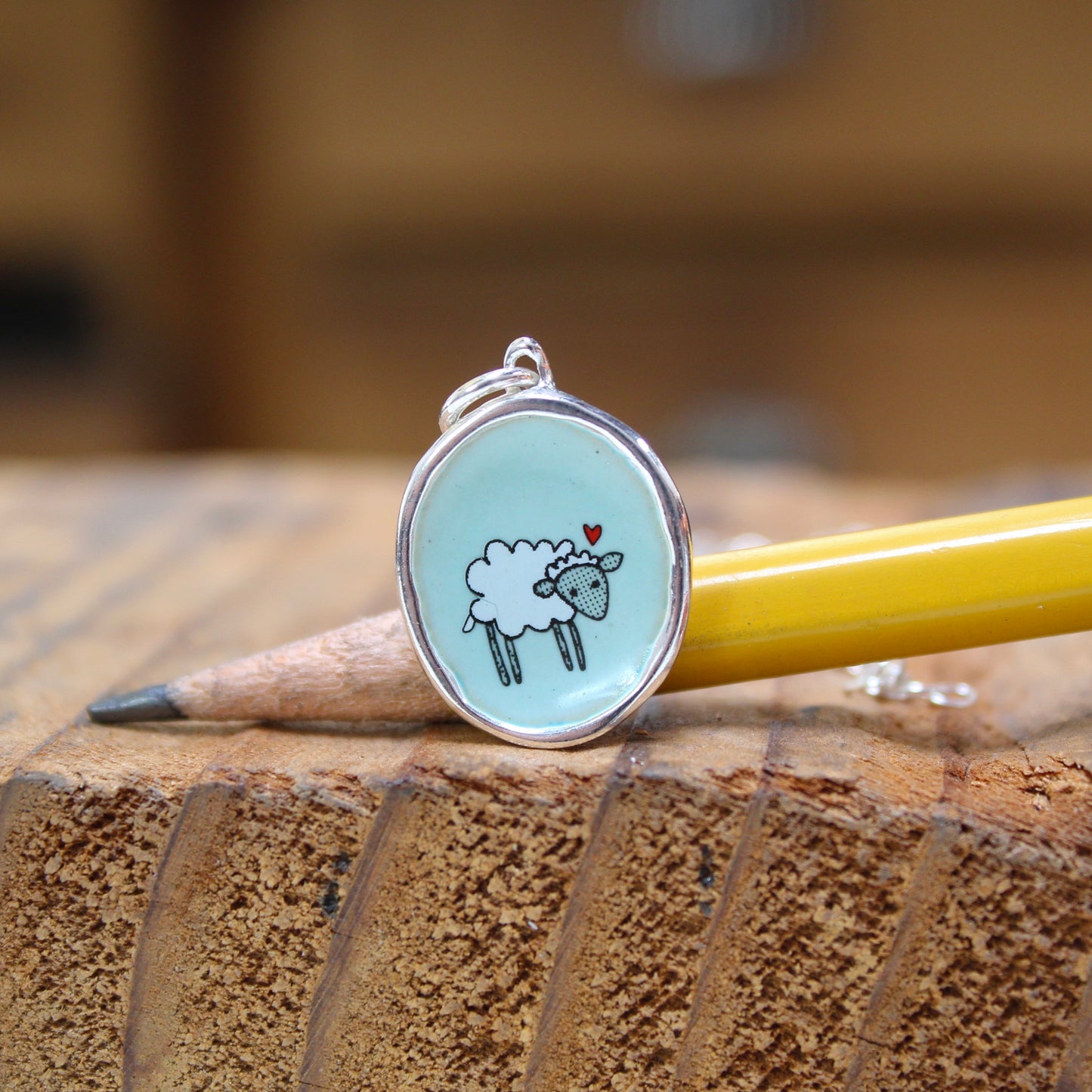 Little Sheep on Robin's Egg Blue Enamel and Sterling Silver Necklace