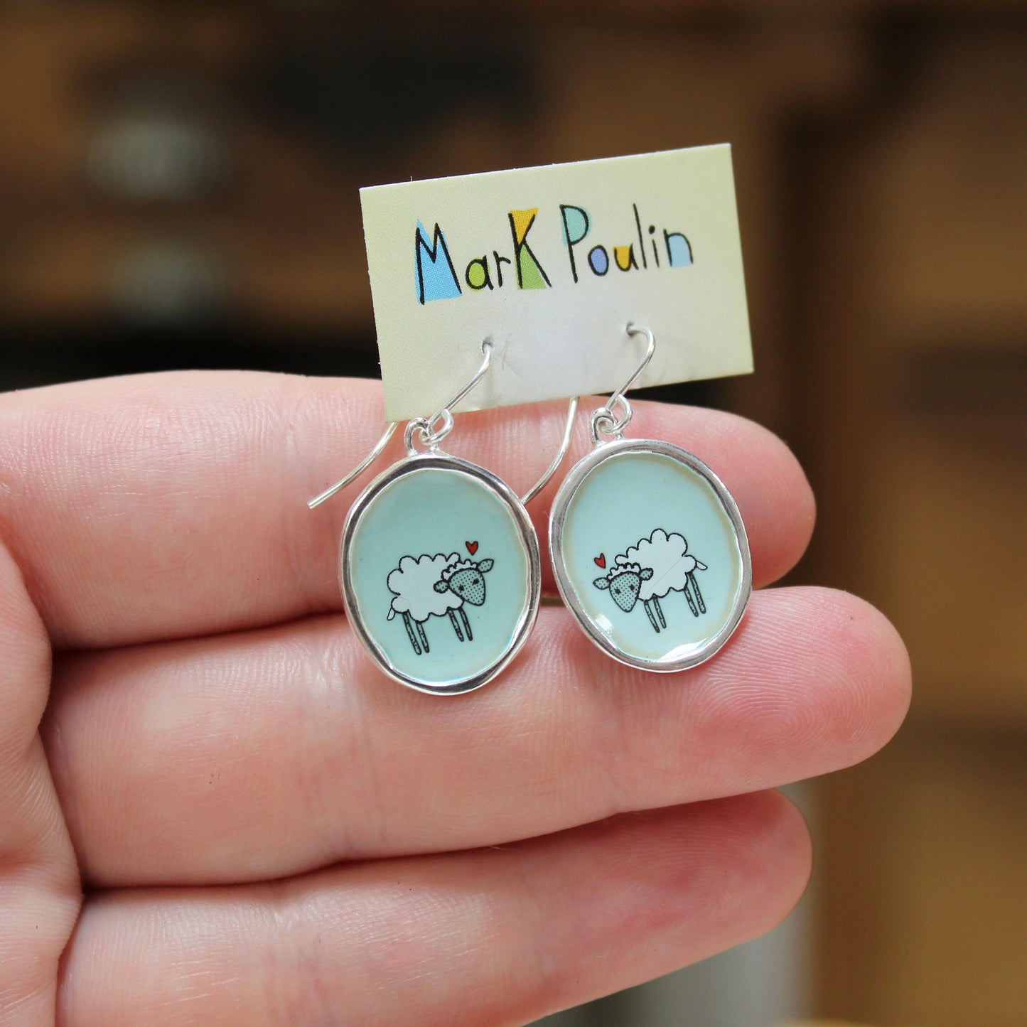 Little Sheep Earrings on Robin's Egg Blue Enamel and Sterling Silver Dangle Earrings