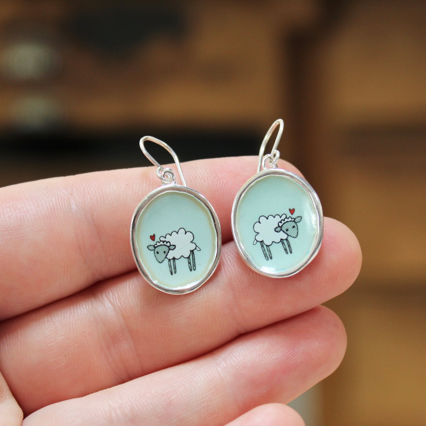 Little Sheep Earrings on Robin's Egg Blue Enamel and Sterling Silver Dangle Earrings