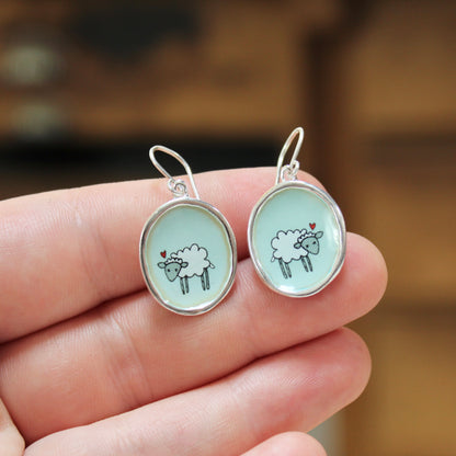 Little Sheep Earrings on Robin's Egg Blue Enamel and Sterling Silver Dangle Earrings