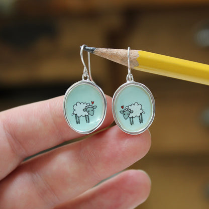 Little Sheep Earrings on Robin's Egg Blue Enamel and Sterling Silver Dangle Earrings