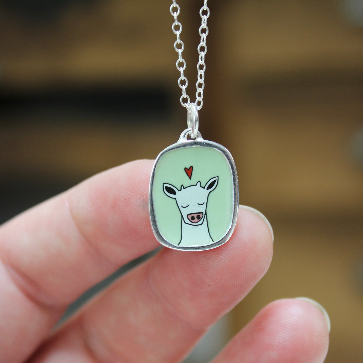 Sweet Cow on Green Sterling Silver and Enamel Pendant Necklace