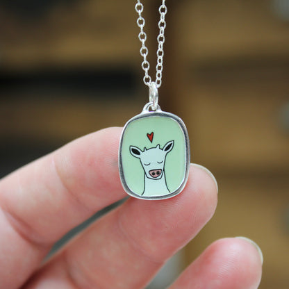 Sweet Cow on Green Sterling Silver and Enamel Pendant Necklace