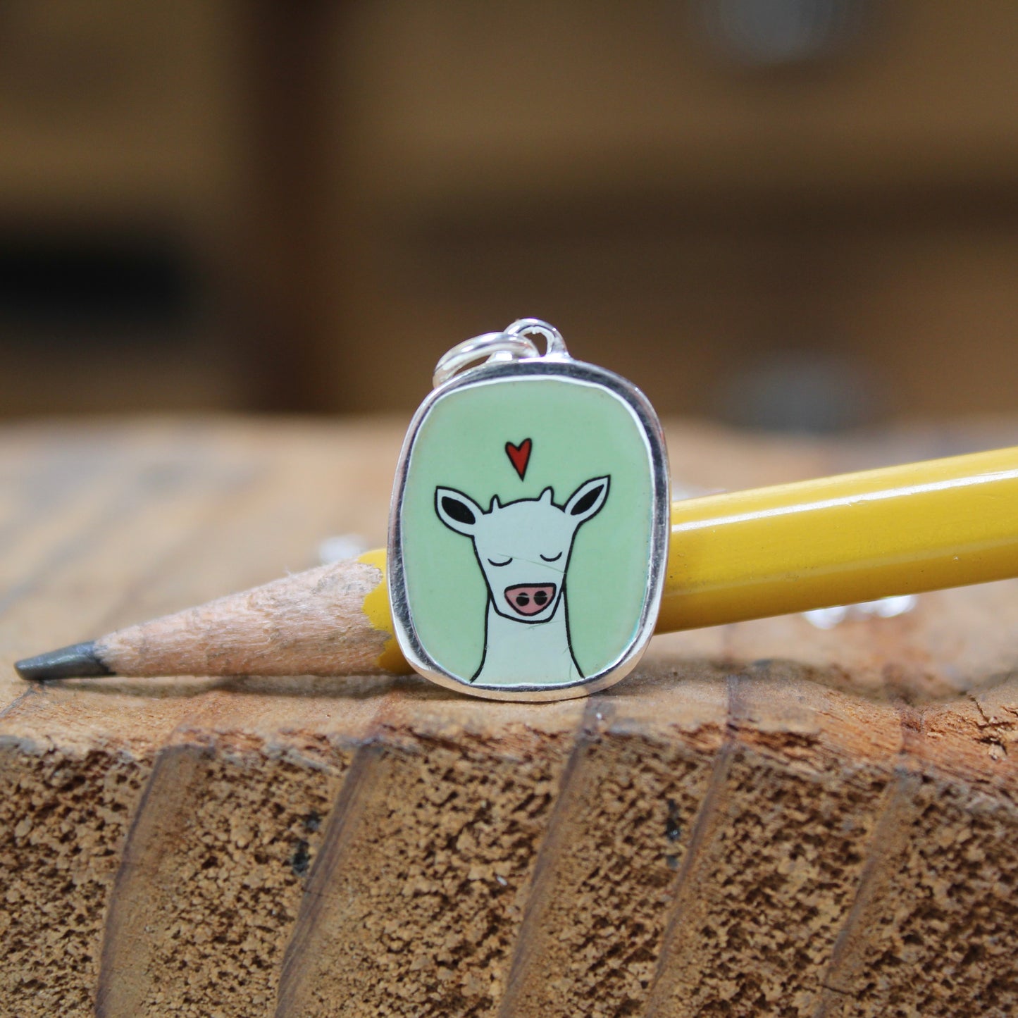 Sweet Cow on Green Sterling Silver and Enamel Pendant Necklace