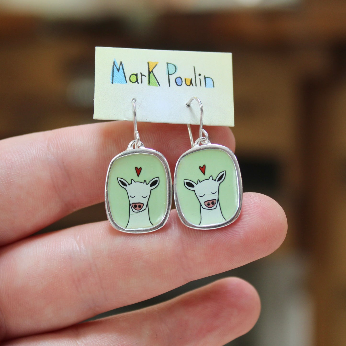 Sweet Cow on Green Enamel and Sterling Silver Dangle Earrings
