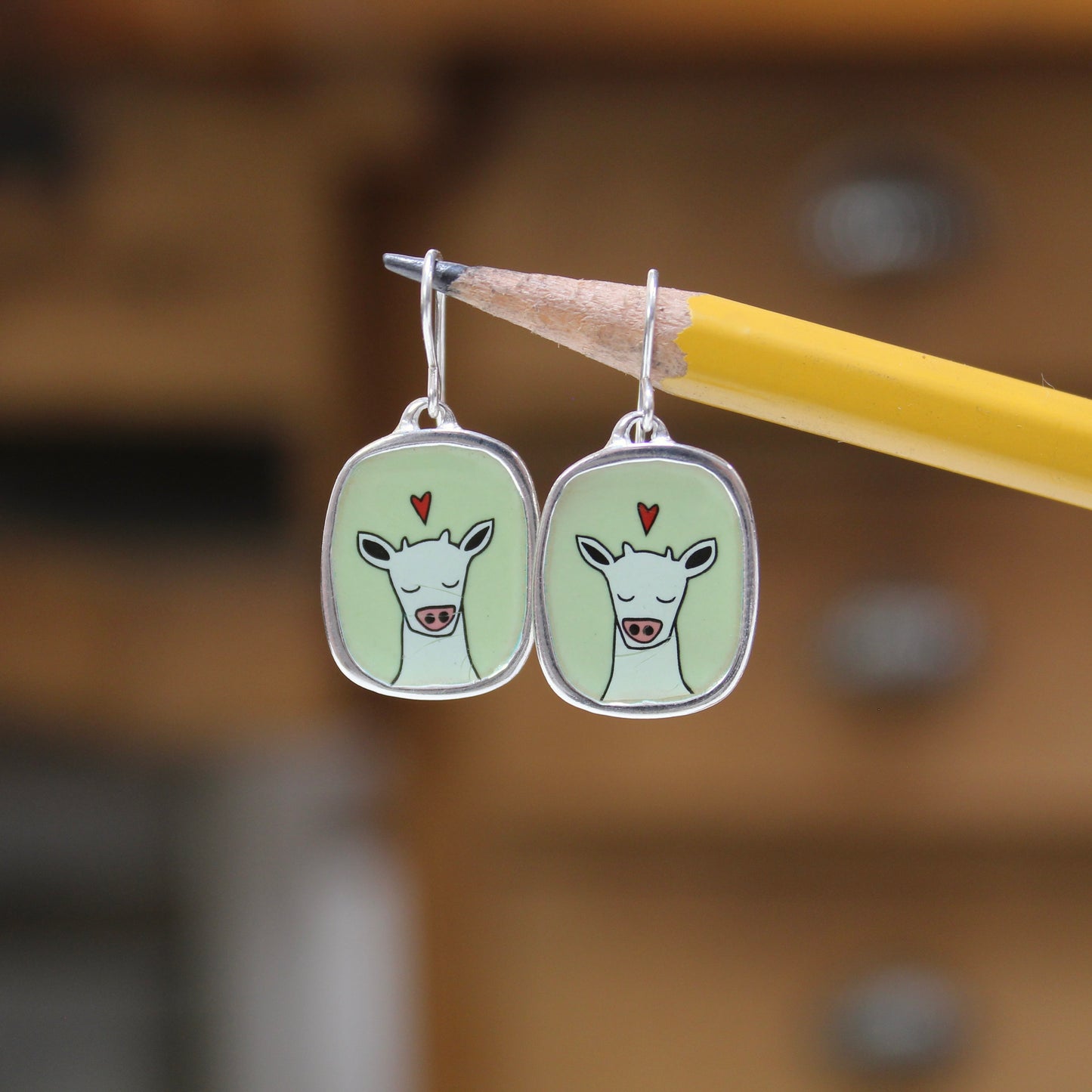 Sweet Cow on Green Enamel and Sterling Silver Dangle Earrings