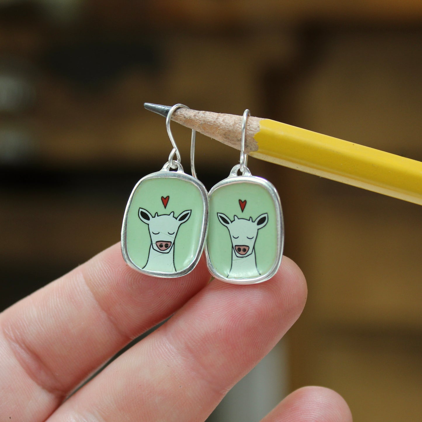 Sweet Cow on Green Enamel and Sterling Silver Dangle Earrings