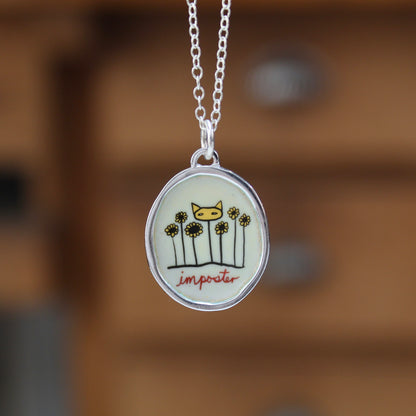 Imposter Cat Necklace - Sterling Silver and Enamel Cat in a Flower Bed Pendant