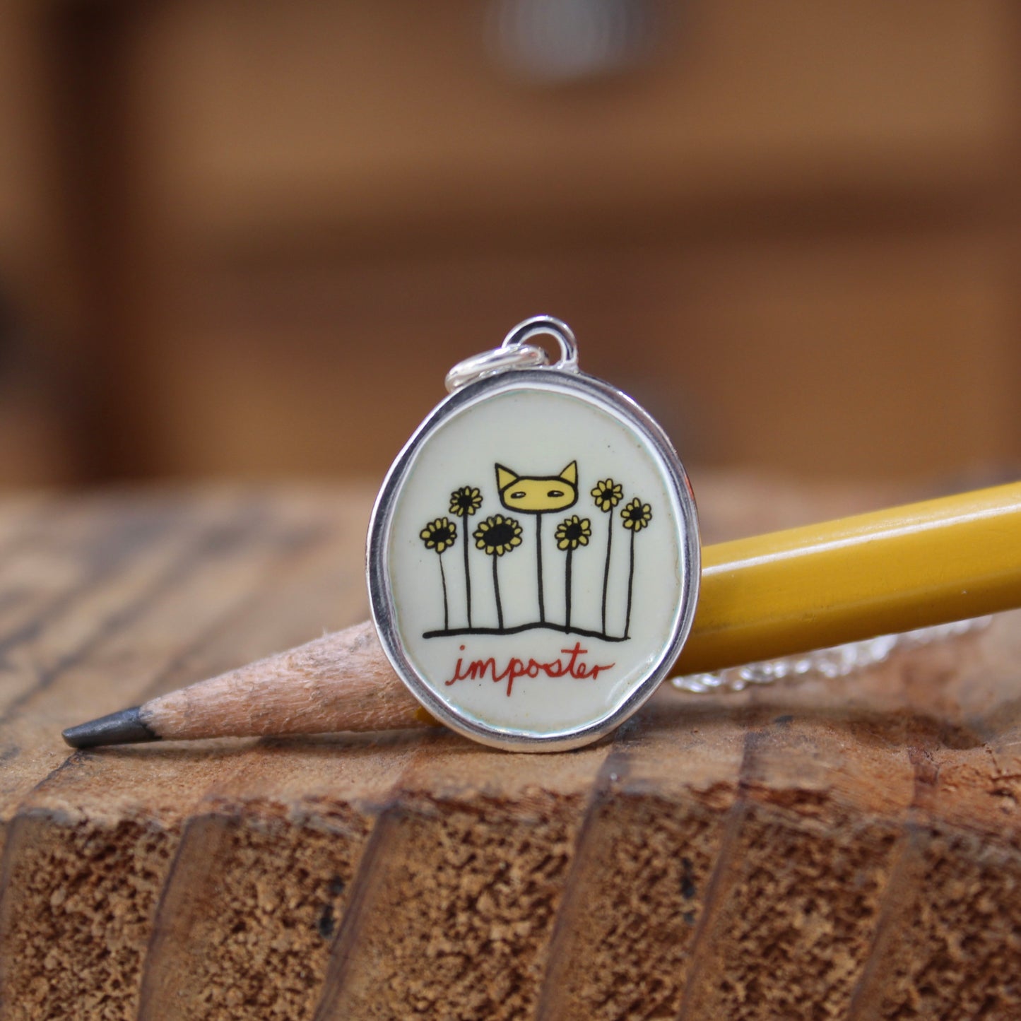 Imposter Cat Necklace - Sterling Silver and Enamel Cat in a Flower Bed Pendant