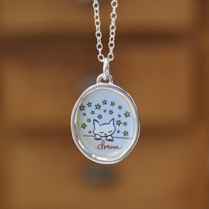 Dream Cat Pendant Necklace in Sterling Silver and Enamel