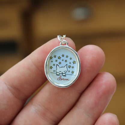 Dream Cat Pendant Necklace in Sterling Silver and Enamel