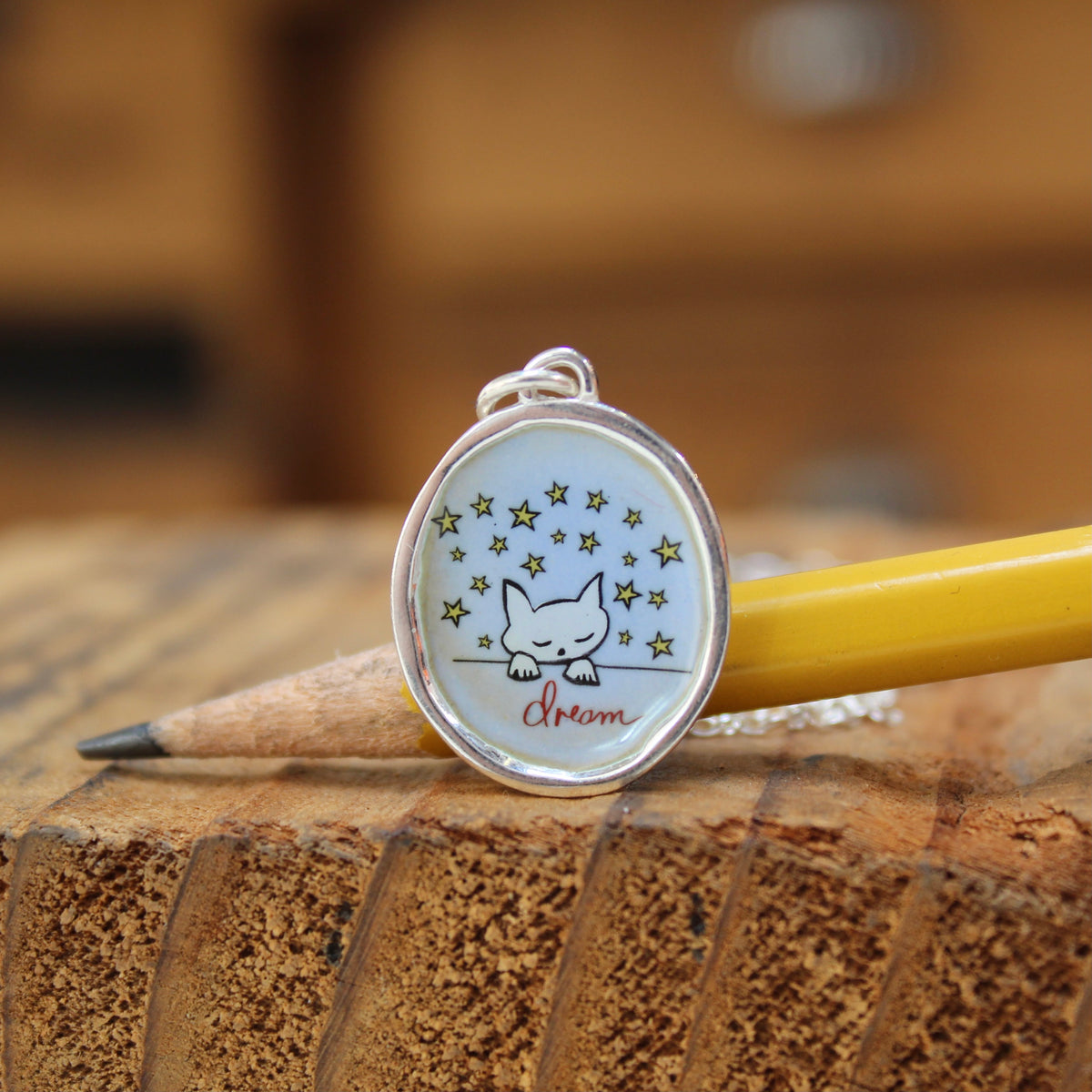 Dream Cat Pendant Necklace in Sterling Silver and Enamel