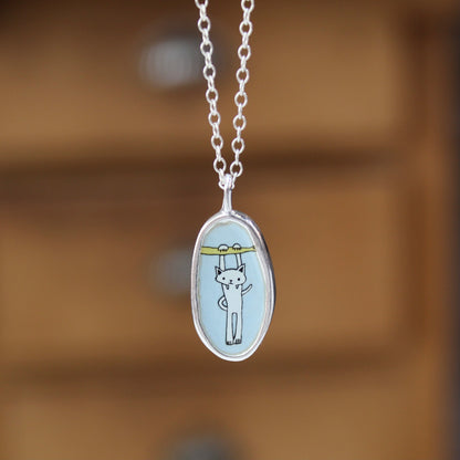 Small Reversible Hang in There Pendant - Sterling Silver and Enamel Cat Necklace for Motivation Through Tough Times